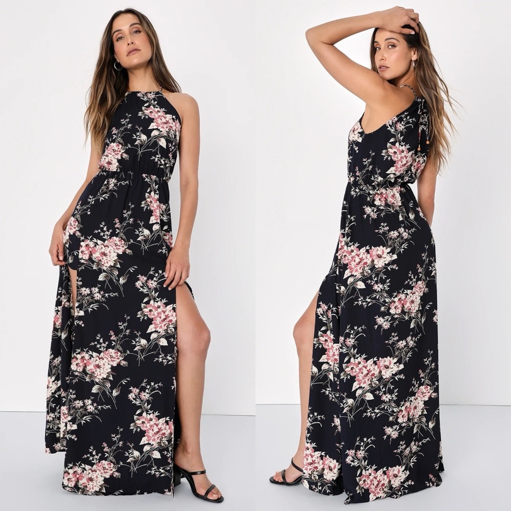 Lulus | Feel the Music Midnight Blue Floral Print Maxi Dress